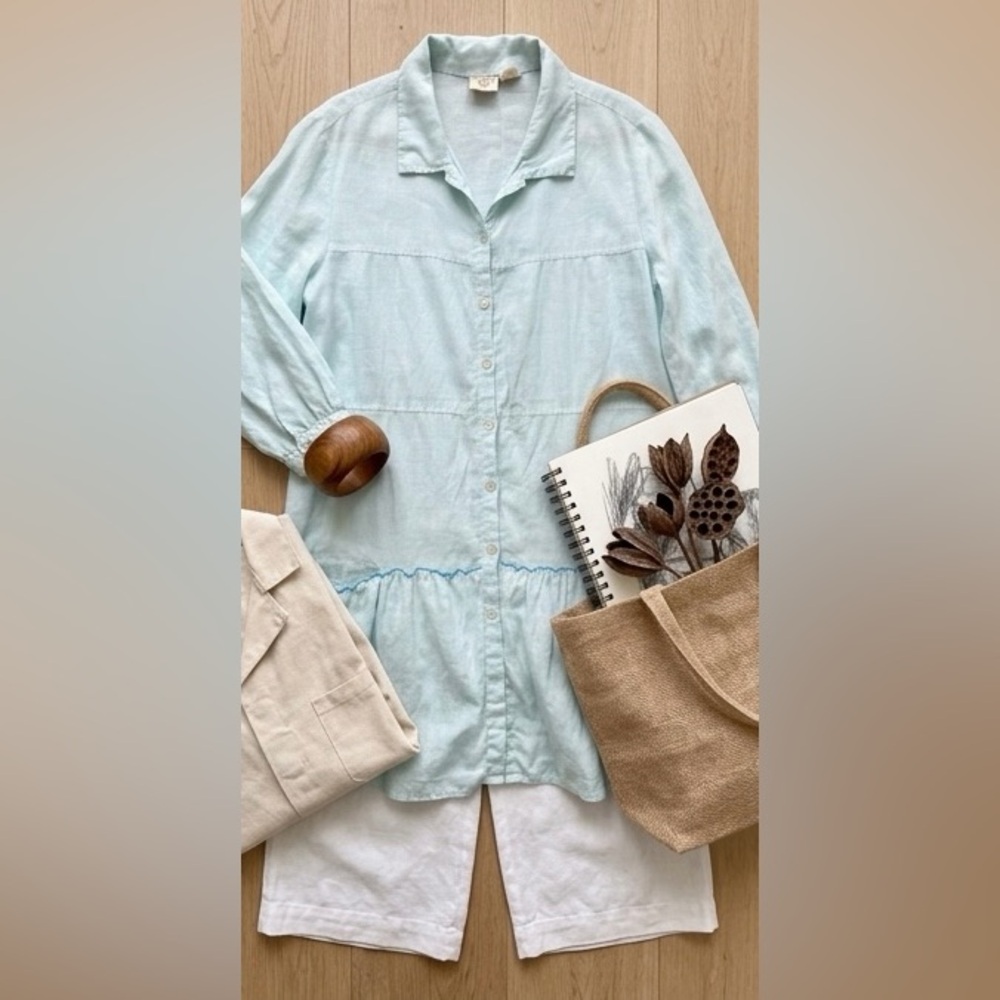 LA BLEND Bali Vintage 100% Linen Light Blue Ruffle Tunic Dress XL Coastal Boho - Picture 11 of 14